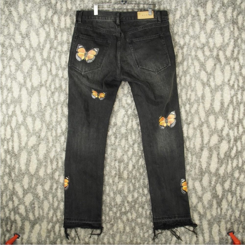 MNML Straight Leg Jeans Womens Size 32x30 Black Butterfly Print 5 Pocket Raw Hem - Picture 5 of 11